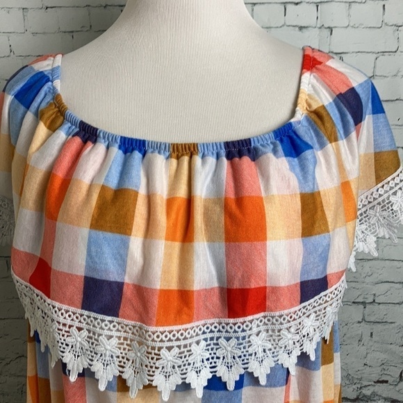 Paper + Tee Eyelet Lace Orange Blue White Checkered Off Shoulder Top 2X Vacation - Picture 6 of 13